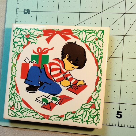 Ceramic Tile Little Girl Boy Sending Holiday Mail Vintage Christmas Trivet JASCO - Picture 6 of 7
